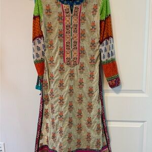 Cream and Brown Casual Long Sleeve Dress with Mandarin Collar